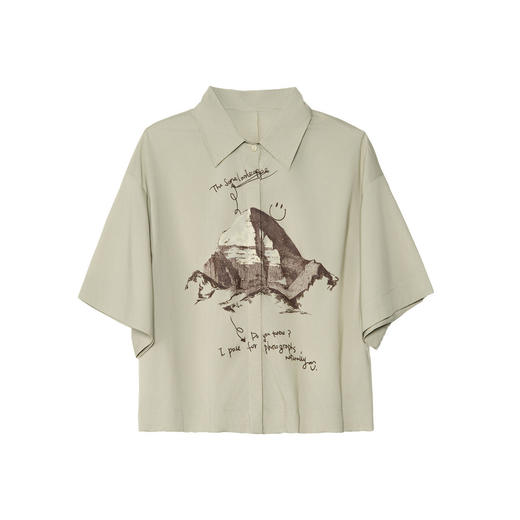 谜底大廓形印花衬衫短袖女2025夏季新款下摆可收缩衬衣256MC6209 商品图4