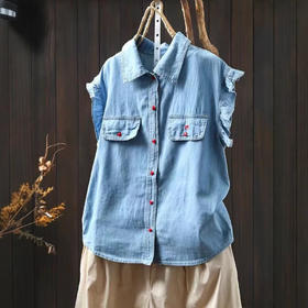 雀说夏季新款荷叶边飞飞袖棉牛仔衬衫女小个子薄休闲减龄上衣AL1108