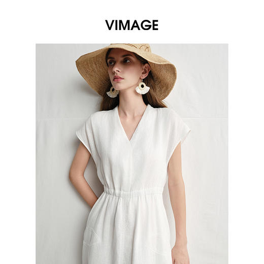 VIMAGE纬漫纪度假风连袖收腰亚麻小白裙A字连衣裙夏季新款V2307915 商品图2