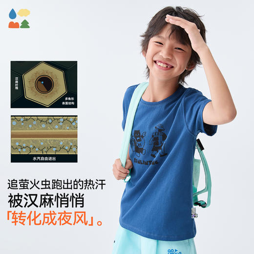 【水亭风露营短袖T恤】森林棠25夏款儿童卡通插画透气排汗轻奢汉麻短袖40322522 商品图1