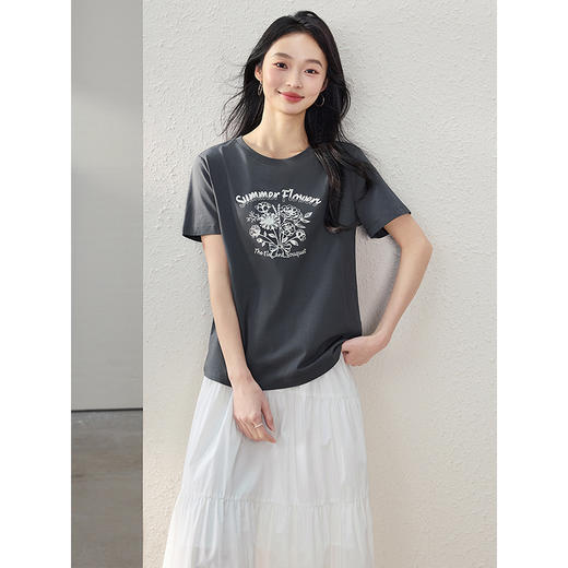 【专属特价】熙世界荷叶莲花印花正肩T恤女夏季2025新款宽松显瘦圆领短袖上衣 商品图4