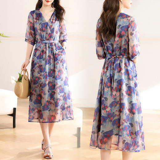 蝴蝶印花连衣裙女夏2025新款时尚法式气质收腰显瘦洋气薄纱裙子 商品图3