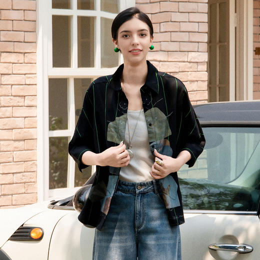 谜底大廓形印花衬衫分袖女2025夏季新款复古风条纹衬衣256MC6208 商品图0