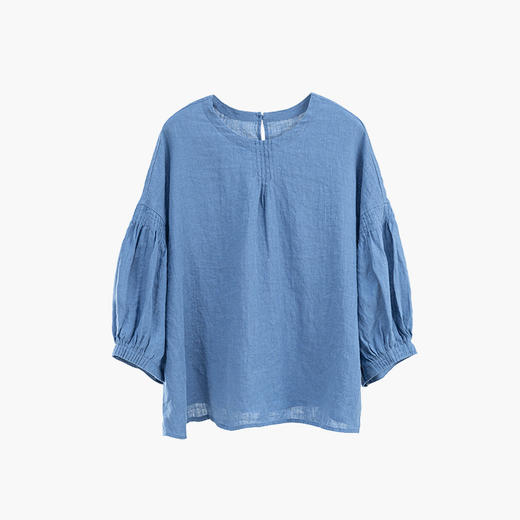 绽放旅行女装165朵/有风小衫双支细砂洗亚麻细塔克灯笼七分袖衬衫 商品图4