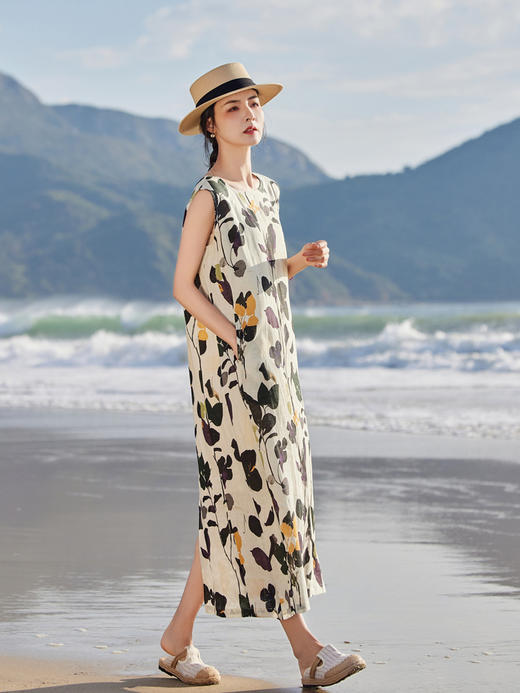 丁摩 海边度假亚麻印花长裙无袖连衣裙HS25849 商品图2