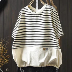 雀说抽绳条纹拼接针织短袖女宽松显瘦休闲减龄遮肉上衣AL81282