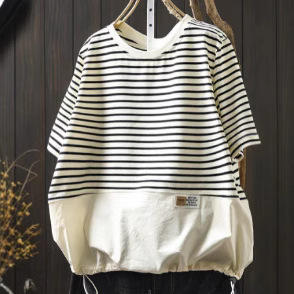 雀说抽绳条纹拼接针织短袖女宽松显瘦休闲减龄遮肉上衣AL81282 商品图0