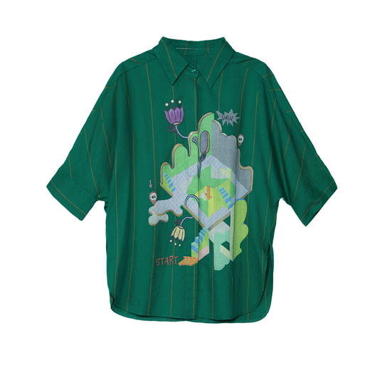 谜底大廓形印花衬衫分袖女2025夏季新款复古风条纹衬衣256MC6210 商品图4