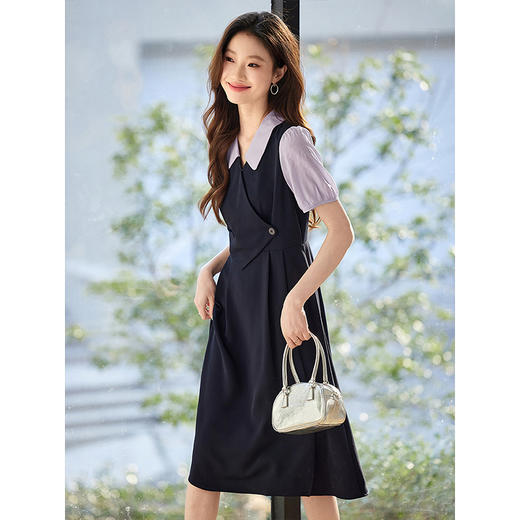 【专属特价】熙世界通勤职场学院风假两件连衣裙女短袖法式收腰长裙子2025夏季 商品图3