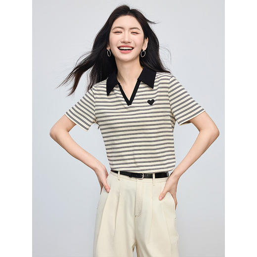 【专属特价】熙世界撞色条纹polo领t恤短袖女士2025夏季新款宽松休闲正肩上衣 商品图3