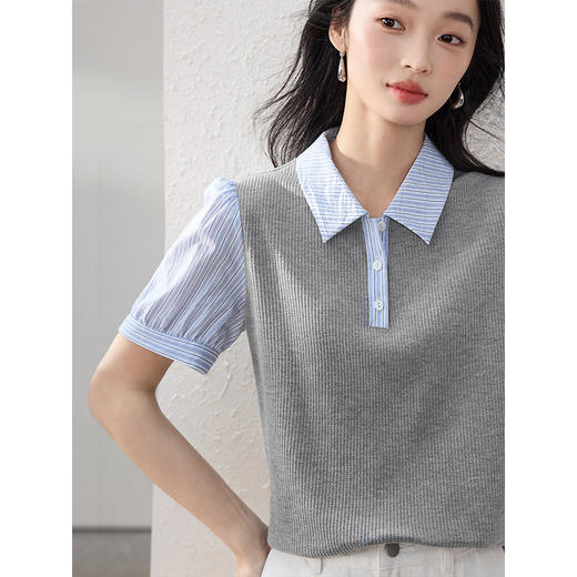 熙世界假两件POLO领条纹衬衫女短袖2025年夏季新款泡泡袖拼接上衣 商品图4