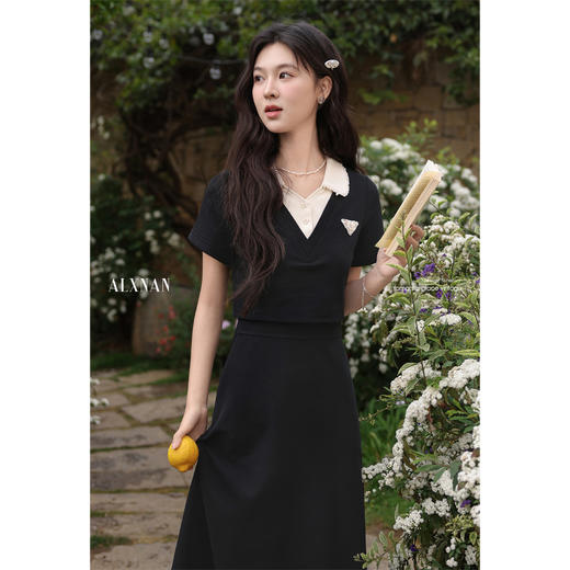 鹿向南「铃落书院」气质优雅翻领收腰短袖拼色连衣裙女夏季长裙 商品图2