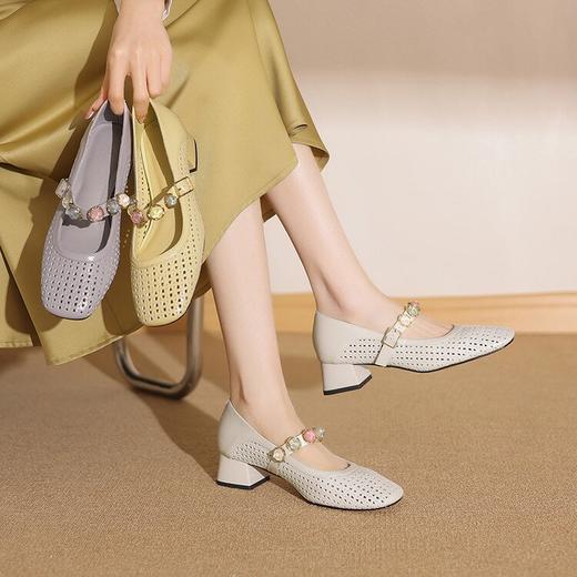 【预售5天】牛皮方头气质一字带单鞋春夏新款编织粗跟百搭休闲鞋女ZF&25098 商品图4