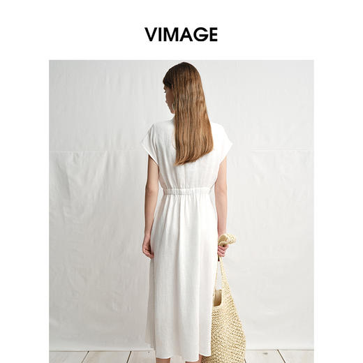 VIMAGE纬漫纪度假风连袖收腰亚麻小白裙A字连衣裙夏季新款V2307915 商品图4