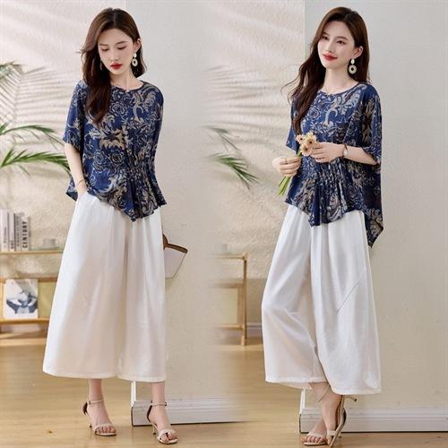 HRYYG82959气质时尚丝短袖套装2025夏季新款减龄遮肉阔腿裤裙两件套女装 商品图0