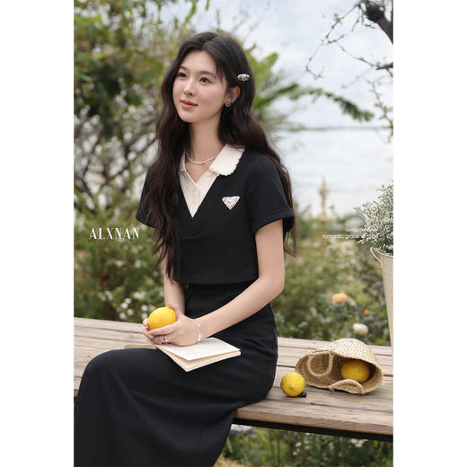 鹿向南「铃落书院」气质优雅翻领收腰短袖拼色连衣裙女夏季长裙 商品图0