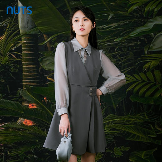 NUTS春秋季新款设计感气质高腰短款衬衫连衣裙假两件415102440 商品图3