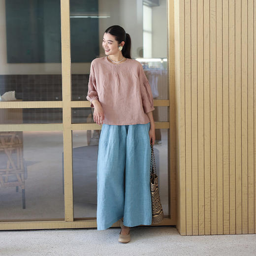 绽放旅行女装165朵/有风小衫双支细砂洗亚麻细塔克灯笼七分袖衬衫 商品图2