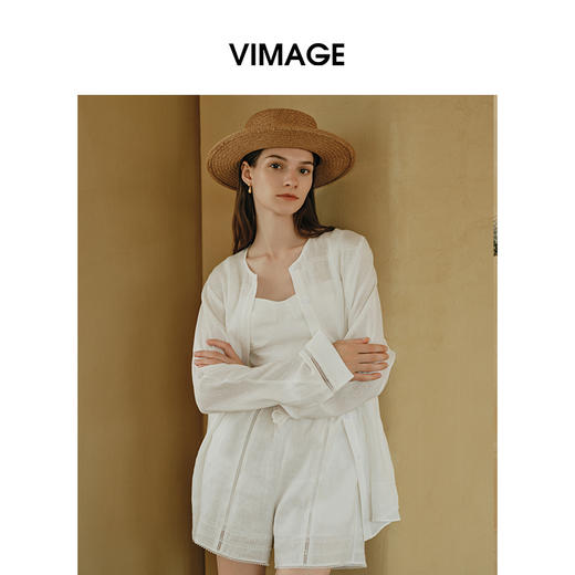 VIMAGE纬漫纪休闲亚麻慵懒感廓形白色圆领衬衫上衣2025夏季新款V2309914 商品图1