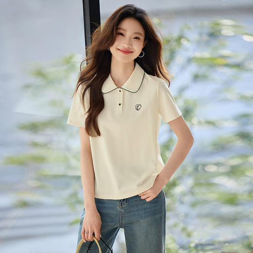 熙世界休闲通勤刺绣翻领T恤女设计感短袖Polo衫上衣2025夏季新款 商品图3
