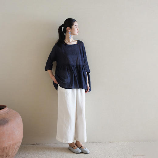 绽放旅行女装182朵/天丝亚麻拼色全腰松紧内加抽绳舒适阔腿九分裤 商品图1