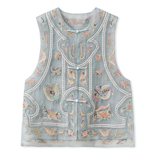 SS N2022国风盘扣提花刺绣背新中式复古桑蚕丝马甲 商品图3