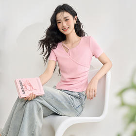 【不规则剪裁】设计感短袖T恤女夏季捏褶收腰短款T恤V0950597