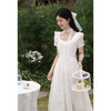 鹿向南「茉莉青茶」米白色方领蕾丝短袖连衣裙夏季新款收腰长裙女 商品缩略图0