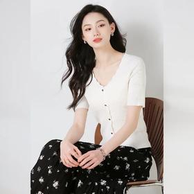 【高货sh】全新升级【铂金会员192/天猫259/差价67】(02045) 洛诗琳25春夏新款法式优雅v领短袖毛衫时尚修身显瘦针织衫
