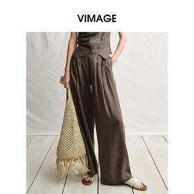 VIMAGE纬漫纪垂坠松弛感阔腿遮肉通勤亚麻高腰休闲裤夏季新款V2305919