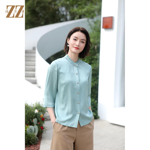 佐尔美夏装纯色上衣中袖真丝100%桑蚕丝绸衬衫女E32CS10 商品图1