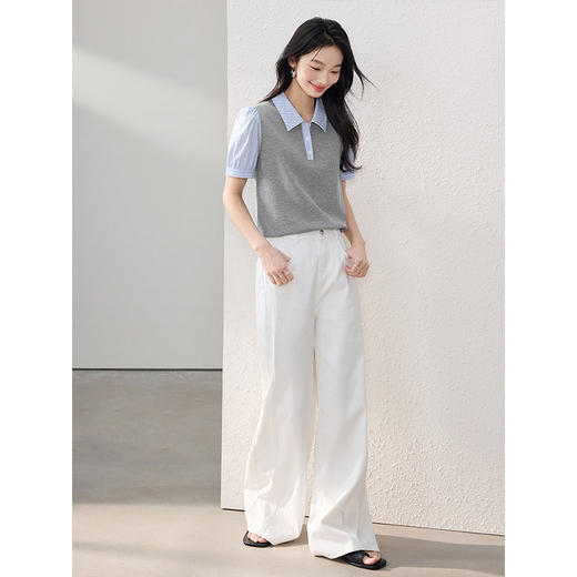 熙世界假两件POLO领条纹衬衫女短袖2025年夏季新款泡泡袖拼接上衣 商品图3