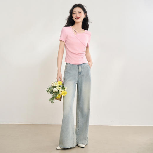 【不规则剪裁】设计感短袖T恤女夏季捏褶收腰短款T恤V0950597 商品图1