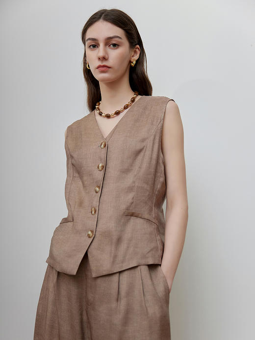 【女士无袖亚麻马甲】25年春夏新品女式桑蚕丝撞色上衣马甲洋气背心 商品图1
