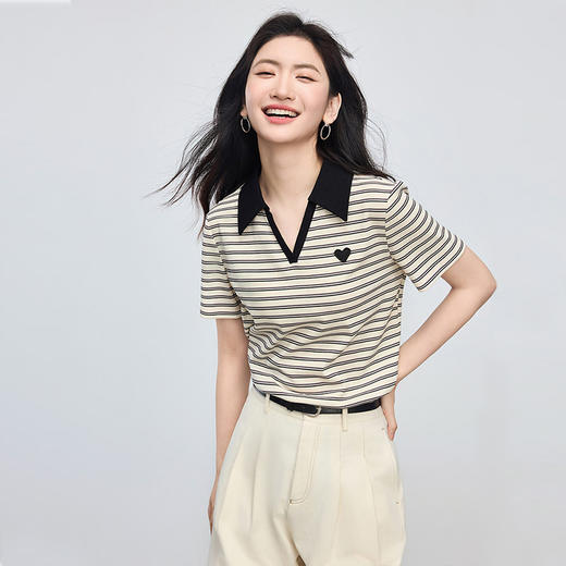 【专属特价】熙世界撞色条纹polo领t恤短袖女士2025夏季新款宽松休闲正肩上衣 商品图4