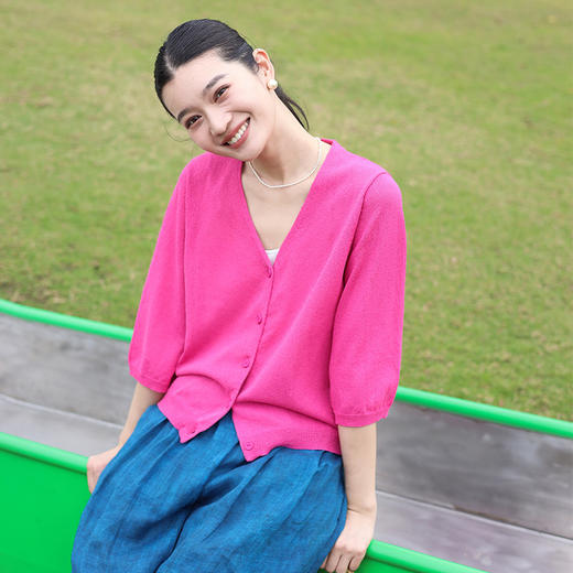 绽放旅行女装196朵/春夏麻纸纱V领七分袖休闲毛织开门襟短款开衫 商品图1