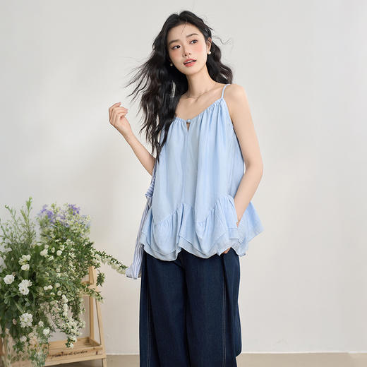 法式浪漫双层荷叶边下摆吊带天丝衬衫女夏季娃娃款衬衣V0050304 商品图4