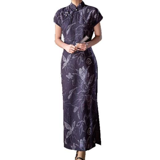 2025全开襟蓝色改良旗袍天丝亚麻复古印花短袖连衣裙D01024 商品图4