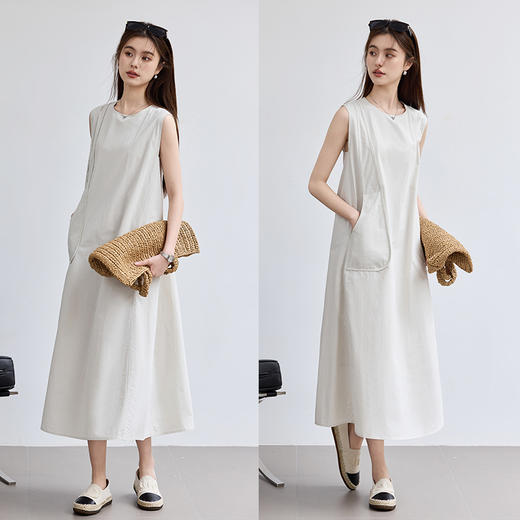 VICTORIA&VERA夏季“素袂烟行”现代极简风江南布衣感素色无袖飘带连衣裙 商品图5