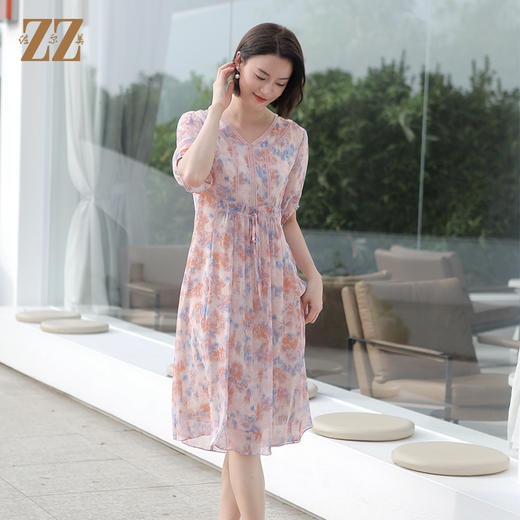 佐尔美夏季新款气质碎花桑蚕丝真丝V领连衣裙女E32LS54 商品图3