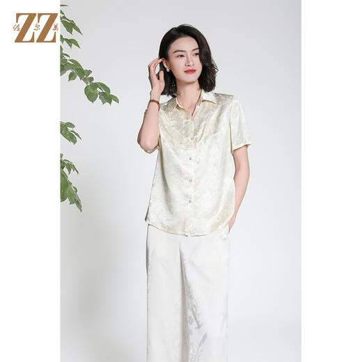 佐尔美夏季新款新中式气质桑蚕丝短袖衬衫女上衣M42CS05 商品图3
