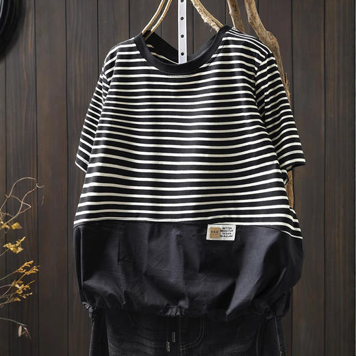 雀说抽绳条纹拼接针织短袖女宽松显瘦休闲减龄遮肉上衣AL81282 商品图1