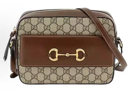 GUCCI古驰 Horsebit 1955 金色马衔扣老花满印拉链开合 帆布拼皮 相机包 单肩包斜挎包 小号 女款 乌木色 商品图0