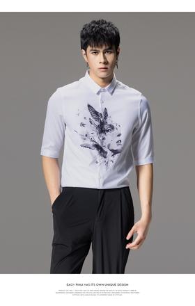 PINLI品立男装印花中袖衬衫男士夏季新款港风休闲白色五分袖衬衣B212613366