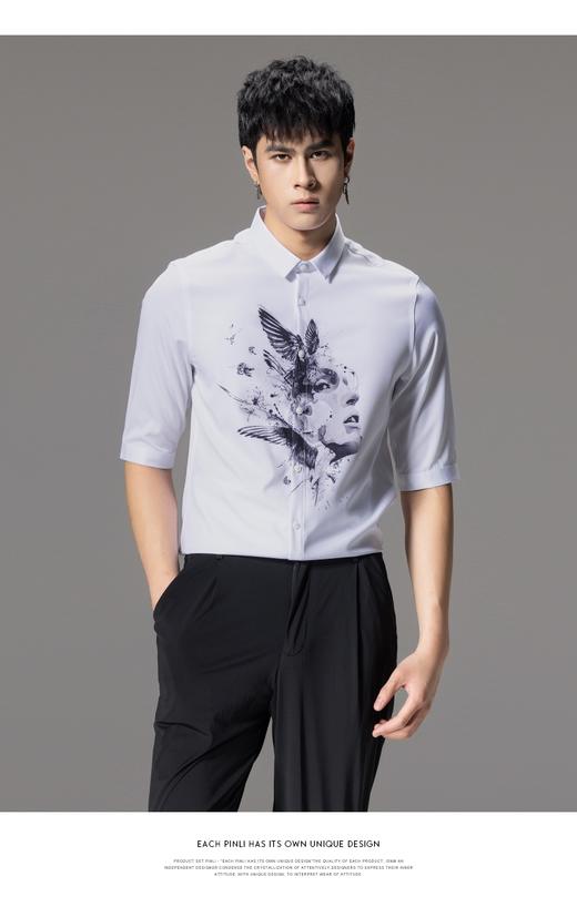 PINLI品立男装印花中袖衬衫男士夏季新款港风休闲白色五分袖衬衣B212613366 商品图0
