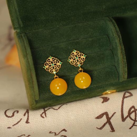 【敦煌菱形纹仿蜜蜡耳坠】国风原创手作宫廷风 镂空微镶锆石耳环古风耳钉新中式高级感耳饰 商品图1