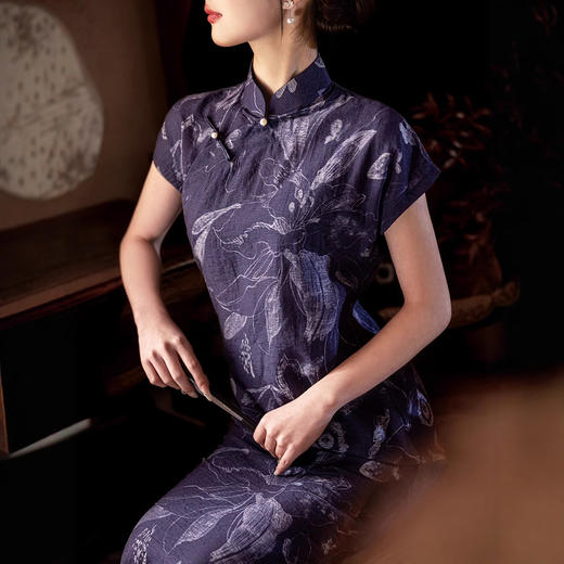 2025全开襟蓝色改良旗袍天丝亚麻复古印花短袖连衣裙D01024 商品图1