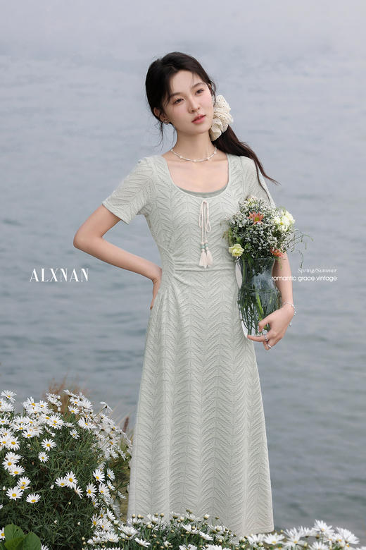 【6折秒杀】鹿向南「茉香风浅」绿色时尚连衣裙女夏季新高腰显瘦假两件长裙子 商品图5
