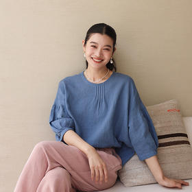 绽放旅行女装165朵/有风小衫双支细砂洗亚麻细塔克灯笼七分袖衬衫