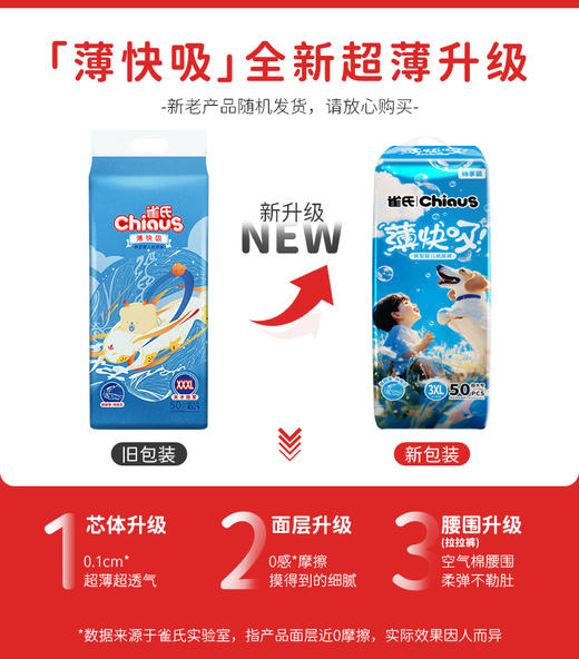 【买6包立减60】雀氏牌薄快吸婴儿纸尿裤/拉拉裤1包组加量装轻薄透气（加送4片便携装，新旧包装随机发）裸感空气裤，薄至0.1 商品图1